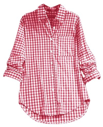 Women's Checked Blouse, Gingham Shirts for Women UK Plaid Shirt Long-Sleeved Blouse Button Up Shirts Ladies Linen Tops Loose Fit with Pocket