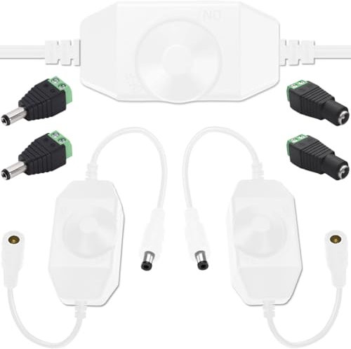 MKBKLLJY 3PCS LED Strip Light Dimmer Switch DC 12V-24V PWM Rotary Dimmer Controller ON OFF with 5.5mm x 2.1mm DC Power Male Female Plug Adapter for 5050 3528 2835 5630 LED Strips White K-018-W