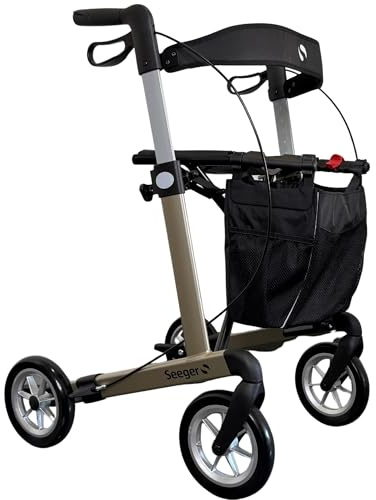 Rehasense Leichtgewicht-Rollator Server (Seeger Logo), leicht & faltbar I Alu-Rollator belastbar bis 150 kg mit abnehmbarer Einkaufstasche, Inkl. Rückengurt, Tasche und Stockhalter (L)