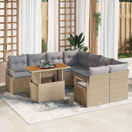 Teenpull Garten Essgruppe 9-teilig, Beige und Grau, Poly-Rattan mit Akazienholz, Eckbank, Couch, Sitzbank, Esszimmer Set für Terrasse, Outdoor
