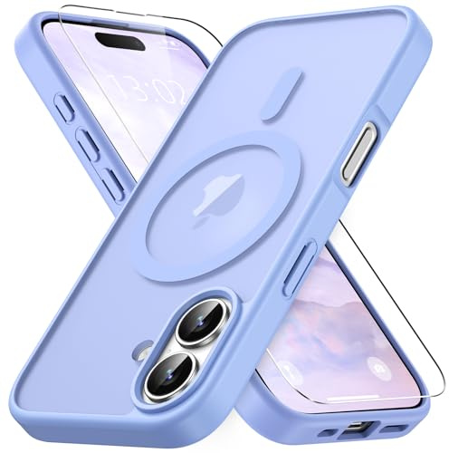 Vansdon Cover Magnetica per iPhone 16 con 1 Pezzi Vetro Temperato | Viola chiaro, Compatibile con Magsafe, Protezione anticaduta di livello militare, Custodia Traslucida Opaca Sottile Antiurto