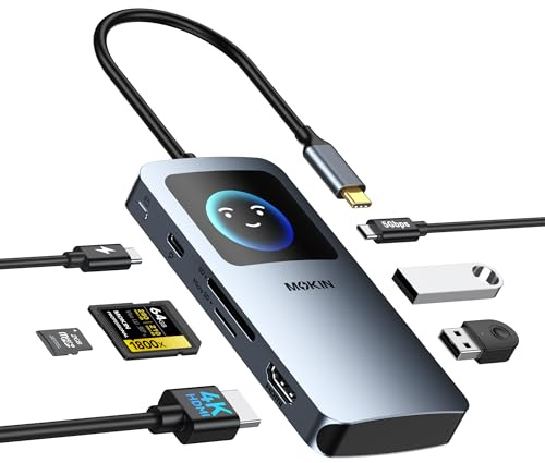 MOKiN Mac Dongle 4K HDMI,7-in-1 USB C Hub Smart Display PD 100W for MacBook | 4K@60Hz HDMI, 100W PD, USB-C 3.0, 2*USB-A 3.0, SD/microSD Card Reader, Smart LCD Display for MacBook Neo/Pro/Air, iPad