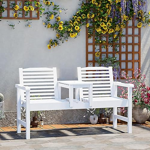 QSNYJPL Banc Exterieur en Bois, Banc de Jardin Exterieur Rustique avec Dossier, Accoudoirs et Tablette Centrale, Trou Prévu pour Parasol pour Véranda, Supporte Jusqu'à 300 Kg(White)