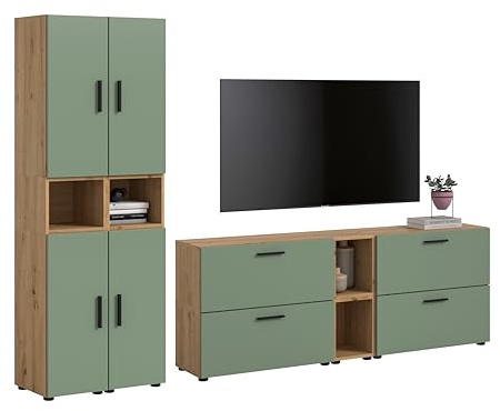xonox.home – Wohnkombination The One 259x182x34 cm in Artisan Oak und Smoke Green – Schrankwand mit 4 Türen & 4 Klappen – 20 Fächer bieten Platz für Alles Wichtige in einem modernen Ambiente