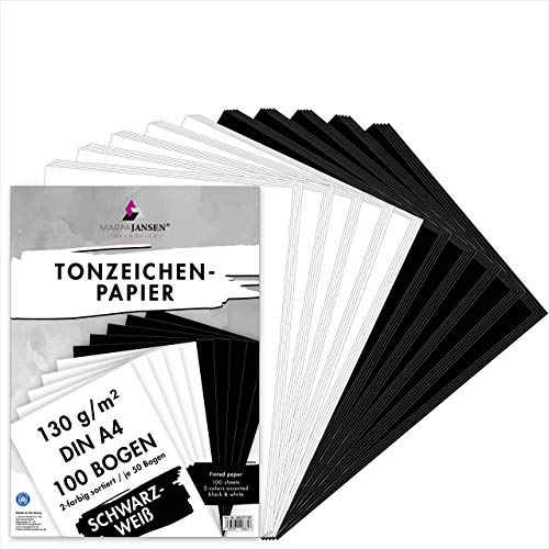 MarpaJansen Tonzeichenpapier Schwarz/Weiß, DIN A4, 100 Bogen, je 50 Bogen in schwarz & weiß 130 g/qm, Blauer Engel zertifiziert