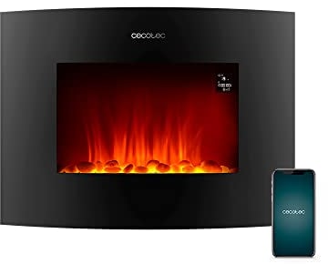 Cecotec Camino elettrico Ready Warm 2250 con fiamme curve 2000 W, dimensioni 22, WiFi, 2 livelli di potenza, telecomando, pannello curvo, timer, 20 m2 (05813)