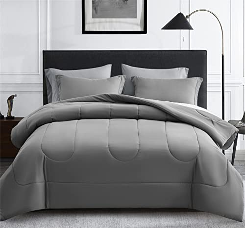 Maple&Stone Queen-Size-Bettdecken-Set, 7-teiliges Bett in Einer Tasche, Daunen-Alternativ-Bettwäsche-Set mit Laken, Kissenbezügen und Kissenbezügen, weicher Wende-Bettbezug für Queen-Bett, Dunkelgrau