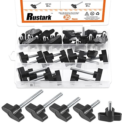 Rustark 35Pcs M6 5 Sizes Thumb Screws Assortment Kit Wing Knob Bolt Black Plastic Male Thread Clamping Screw for Quick Remove or Replace Hand Tightening