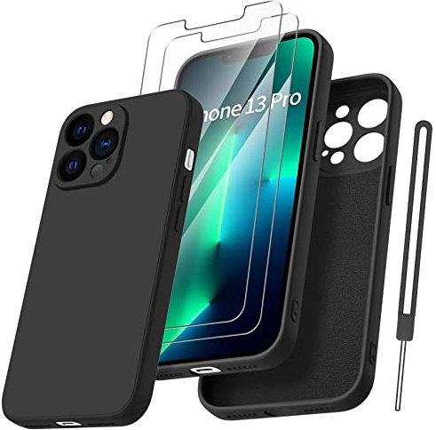 Qasyfanc für iPhone 13 Pro Hülle mit 2 Stück Hartglas Schutzfolie, Silikon Case Ultra Dünn Microfiber Kameraschutz Rundumschutz Anti-Kratzer Handyhülle für iPhone 13 Pro 6.1'' (Schwarz)
