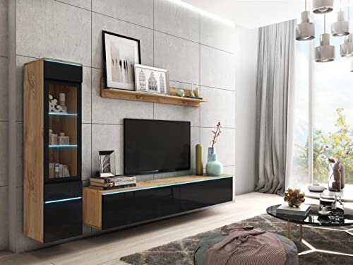 MINIO go for it - Wohnwand 3-Teilig Set Veve 1 I Hängend oder Stehend I Hochschrank-Vitrine I Lowboard I Wandboard I Laminierte Spannplatte I Wotan Eiche und Schwarz Gloss - ohne Beleuchtung