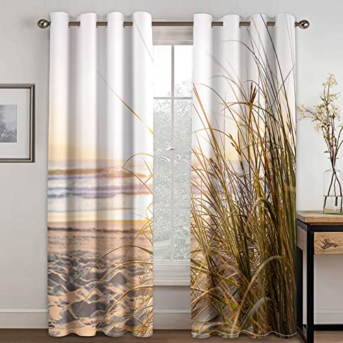 Blickdichte Vorhänge Mit Motiv 3D Strand Schilf Sonnige Landschaft Kinder Gardinen Blickdicht Ösen Gardine Thermo 264x214 Cm Schlafzimmer Kinderzimmer Vorhänge Dekoratives Muster, Verdunklungsvorhä
