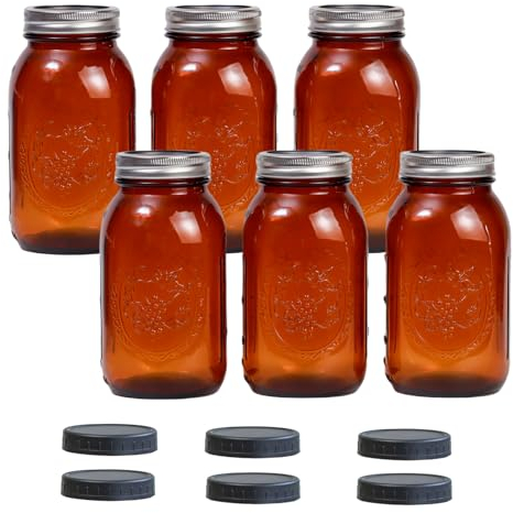 Jumterlee 6 Pack 32 oz Amber Mason Jars, Regular Mouth Mason Jars with Lids and Bands and 6 Black Plastic Mason Jar Lids