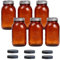 Jumterlee Lot de 6 bocaux Mason ambrés de 946 ml, bocaux Mason à ouverture régulière avec couvercles et bandes et 6 couvercles en plastique noir, bocaux Mason en verre ambré