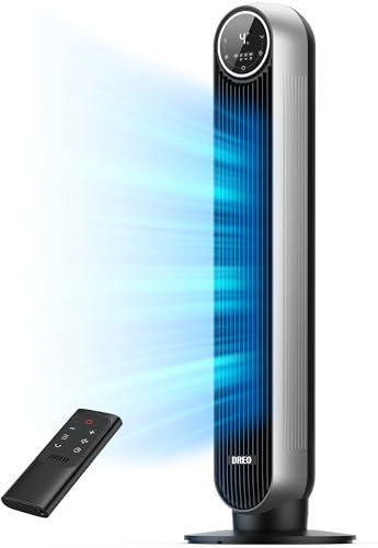 Dreo - Ventilador de torre para recámara, ventilador de refrigeración silencioso de velocidad de 7.3 m/s, ventiladores oscilantes de 90° para interiores con 4 velocidades, 4 modos, temporizador de 8H,