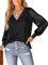 CUPSHE Women Blouse Cutout Scalloped Lace Top Long Lace Sleeves V Neck Banded Cuffs Chic Elegance Shirt Black M