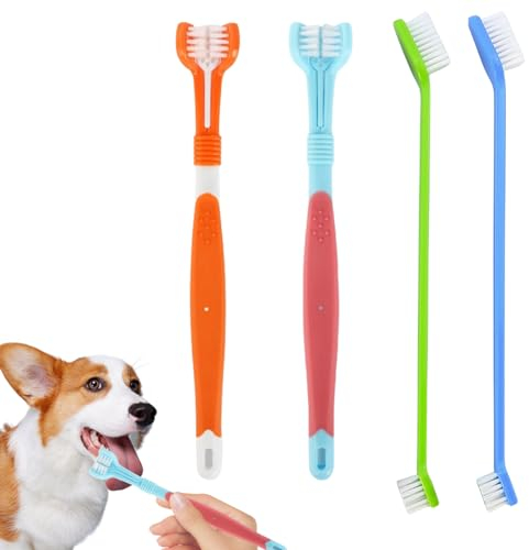 Zahnbürste Hund,Zahnbürsten für Hunde,Haustier Zahnbürste,Pet zahnbürste,360 Grad Katzen Zahnbürste,Dreifachkopf Zahnbürste+Langem Griff Hundezahnbürste für kleine Haustierkatzen und Hunde
