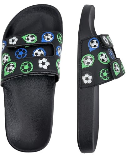 Torotto Unisex-Kinder Badeschlappen Sommer Flache Hausschuhe Badesandalen rutschfest Schlappen Badeschuhe(Schwarzer Fußball, 28/29EU)