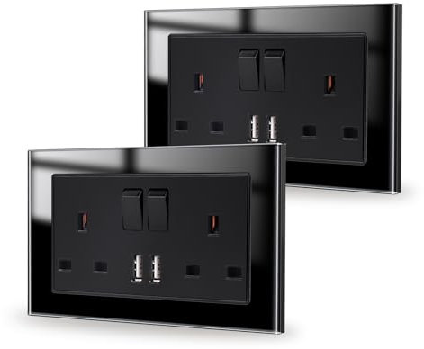 JIMEIDA 2 Pack Double Switched Socket Black 13 Amp with USB A Charging Ports Crystal Glass Panel Wall Outlet