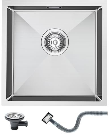 KEOKBON Fregadero de cocina de acero inoxidable 304, 40 x 40 cm, rectangular, con cesta colador y conjunto de rebosadero, fregadero para empotrar pequeño a partir de armario bajo de 40 cm, acero