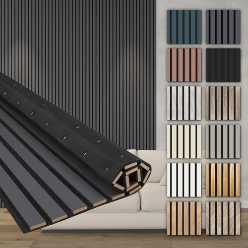 HEXIM Akustikpaneele Holz 278x60cm - Holzpaneele Wand Lamellenwand flexibel MDF Wandpaneele TV Wandverkleidung Holzwand Deko anthrazit (6 Paneele / 10,02 m² Black Lead - AP05)