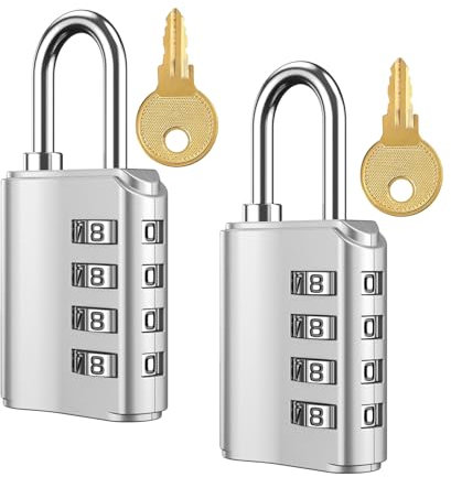 2 Pack Resettable Combination Padlock 4 Digit with Keys Heavy Duty Security Lock for Gym, School, Sports, Employee Lockers, Fence, Gate, Toolbox, Suitcase and More, Zinc Alloy Body (Silver)
