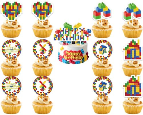 25 Stück Building Block Cupcake Topper Happy Birthday Tortenaufleger für Building Block Party Dekoration