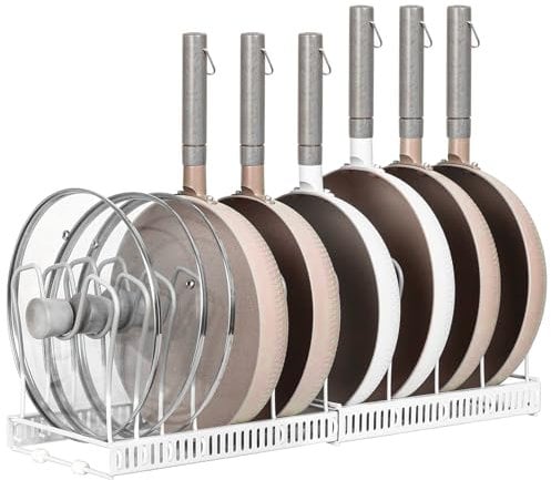 FANFX Pots and Pans Organiser, Expandable Pans Organiser Rack with 10 Adjustable Dividers, Kitchen Cupboard Storage for Pots, Pans, Chopping Board, Baking Trays, Kitchen Accessories(White)