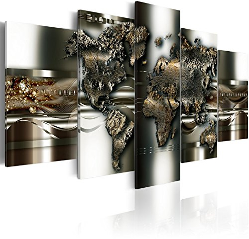 B&D XXL - Wandbilder XXL Weltkarte 225x112cm 5 tlg - Wand Deko Leinwand Bilder Groß Wanddeko Wohnzimmer Schlafzimmer Kunstdrucke - Landkarte Kontinente grau Abstrakt k-A-0039-b-o
