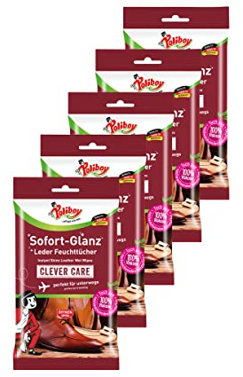 POLIBOY Sofort-Glanz Leder Feuchttücher - Reinigungstücher für unterwegs - perfekt für Schuhe & Taschen - 5er Pack - 5x10 Tücher - Made in Germany