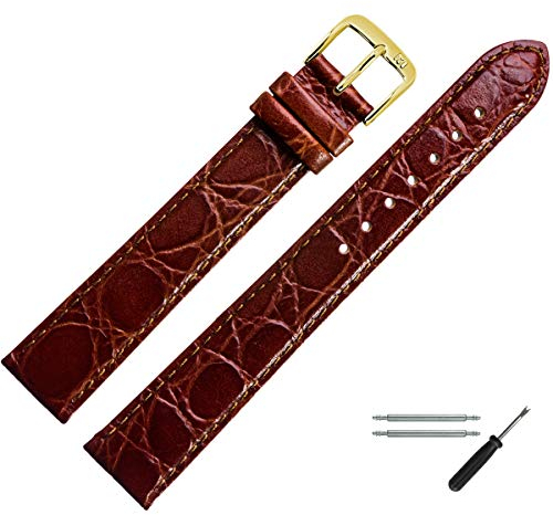 MARBURGER Uhrenarmband 14mm Leder Braun Gold XL Kroko Prägung Mit Naht - Montage Set 6811432000220