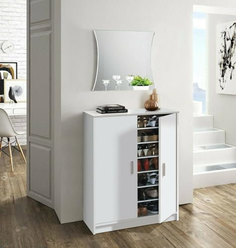 Dmora - Mehrzweck-Kabinett Norwalk, Schuhschrank mit 2 Türen, Niedriger Schrank mit 6 Einlegeböden, Modernes niedriges Schuhregal, cm 75x36h101, Weiß