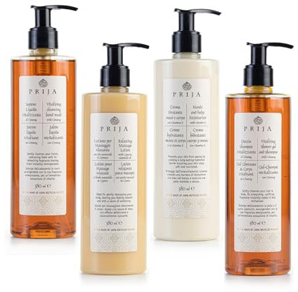 Prija Vitalisierendes Reinigungshandwaschmittel, Entspannende Massage-Lotion, Hand- und Körperlotion sowie Vitalisierendes 2-in-1-Duschgel und Shampoo-Packung 4 x 380ml