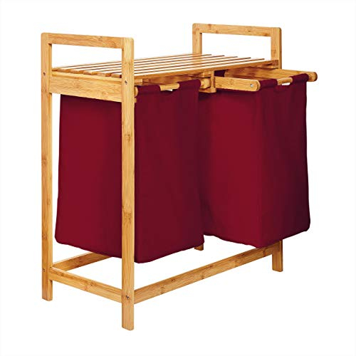 Lumaland Wäschekorb aus Bambus mit 2 ausziehbaren Wäschesäcken | Größe ca. 73 cm Höhe x 64 cm Breite x 33 cm Tiefe, Farbe: Dunkelrot