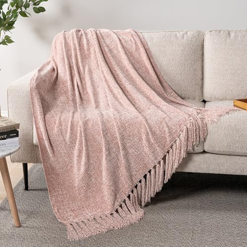 PAVILIA Couverture en Chenille Rose pâle avec Franges à Pompons pour canapé, lit, Salon, Cadeau décoratif, 127 x 152,4 cm