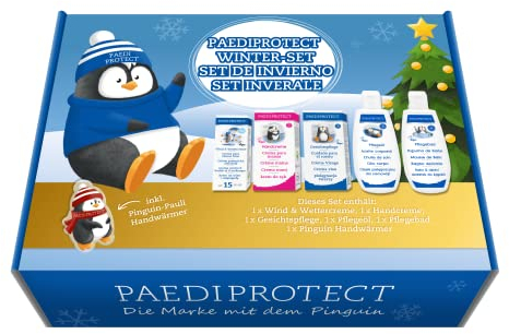 PAEDIPROTECT Winterset 6 Baby- & Kinder Produkte Hautpflege mit 1x Wind & Wettercreme, 1x Handcreme, 1x Gesichtspflege, 1x Pflegeöl, 1x Pflegebad & 1x Handwärmer, Pflegeset Frauen Kinder Geschenk