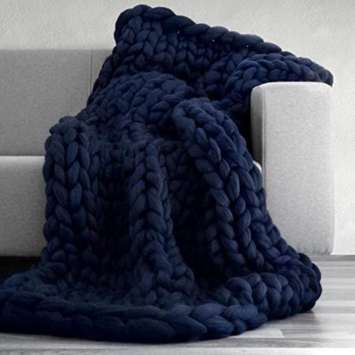Chunky Knit Throw Blanket - Grey Large Knitted Bed Throw for Sofa and Beds 100X100, Navy Blue