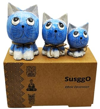 SusggO Set di 3 gatti in legno. Gatti in legno, prodotto artigianale, decorazione, intagliati a mano, portafortuna, idea artistica, decorazione per mobili (Blu con dettagli bianchi e blu GAB)