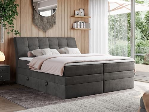 MKS MEBLE King Boxspringbett 160x200, Polsterbett 160x200 mit Bettkasten, Bett 160x200 mit Multipocket-Matratze H3, Boxspringbett 160x200 mit Kopfteil und Topper - H3 Dunkelgrau Velvet - Gold-10