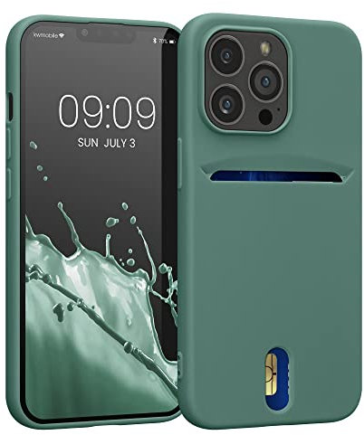 kwmobile Case Compatible with Apple iPhone 13 Pro - Soft TPU Phone Cover with Card Holder and Silicone Finish - Forest Green