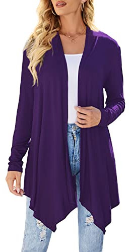 Cardigan da donna drappeggiato aperto sul davanti casual a maniche lunghe leggero cardigan maglioni spolverino, Viola, Large