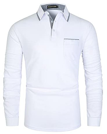GHYUGR Men's Polo Shirt Long Sleeve Plaid Splice Collar Golf Tennis T-Shirt,White,XXXL