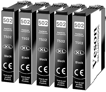 Veson Druckerpatronen kompatibel für Epson 502 502XL für Epson Expression Home XP-5100 XP-5105, Workforce WF-2860DWF WF-2865DWF (5 Schwarz)