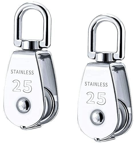 JSIFM 2 Pcs M25 Single Pulley Block Heavy Duty Stainless Steel 360° Swivel, prevent rope, Roller Silver Crane, Block Cable Wheel Loading 150 kg/330 lbs for Washing Curtain, Clothes Line indoor Outdoor
