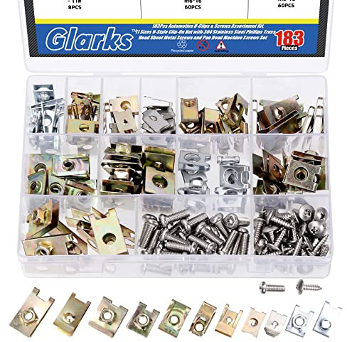 Glarks 183Pcs 11 Sizes Automotive U-Clips & Screws Assortment Kit, U-Style Clip-On Nuts Auto Car Clip Fasteners with Phillips Screws Kit for Engine Fender Bumper Dash Interior Trim Panels