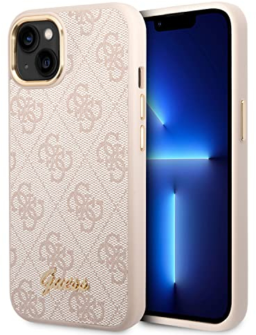 Guess Handyhülle für iPhone 14 Plus in Rosa 4G Muster & Script Logo, Anti-Kratzer PC/TPU, Bequeme & langlebige Hartschale mit zugänglichen Anschlüssen & Stoßdämpfung