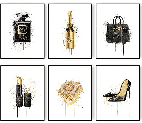Fashion Art Aquarell-Spritzer Gold Champagner Schwarz Parfümflasche Lippenstift High Heel Wandkunst Drucke Poster Mädchen Raumdekoration Schlafzimmer 11x14 Zoll (27.9x35.6cm) Ungerahmt