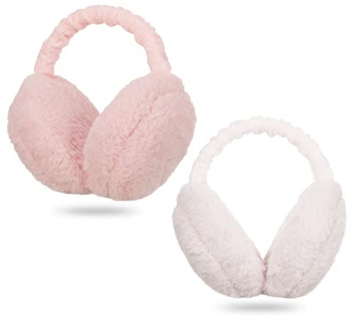 Draftor Lot de 2 cache-oreilles d'hiver réglables en fausse fourrure chaude coupe-vent en peluche pour homme et fille, Blanc + rose., taille unique
