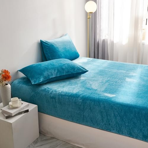 Luofanfei Fleece Spannbettlaken 200x200 Winter Boxspringbett Warm Flauschig Seeblau Samt Plüsch Frottee Bettlaken Leintuch Kuschelige Weich Spannleintuch Uni Muster Bettspanntuch für Hohe Matratze
