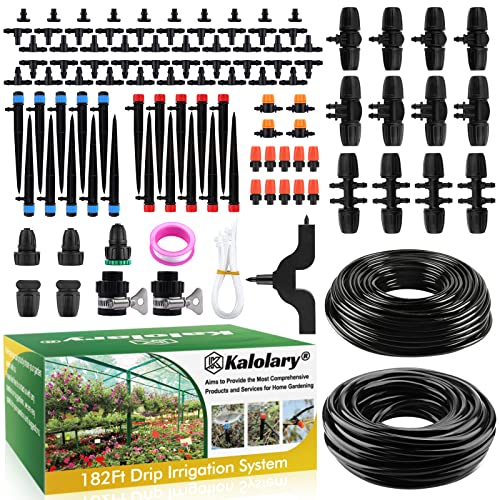 182FT Automatic Drip Irrigation Kit, Kalolary Garden Irrigation System with 4/7 8/12 Distribution Tube Micro Watering System Drip Irrigation Equipment for Greenhouse Plant Patio Lawn Yard (1/4”+5/16”)