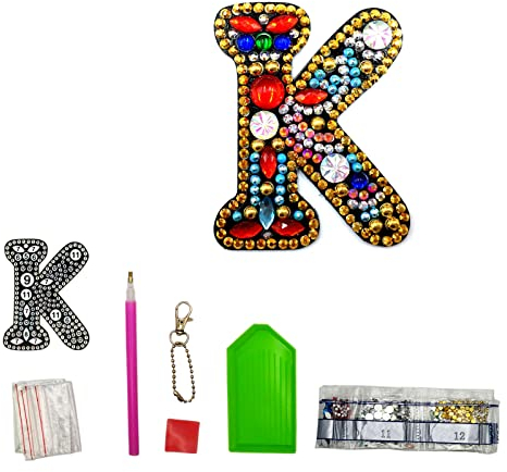 MEDOYOH Buchstaben K DIY Diamant Malerei Schlüsselanhänger, Retro Diamond Painting Schlüsselanhänger Beidseitig Aus Acryl, DIY Kunst Strass Diamant Malerei Kits für Anhänger Tasche Dekor Brosche